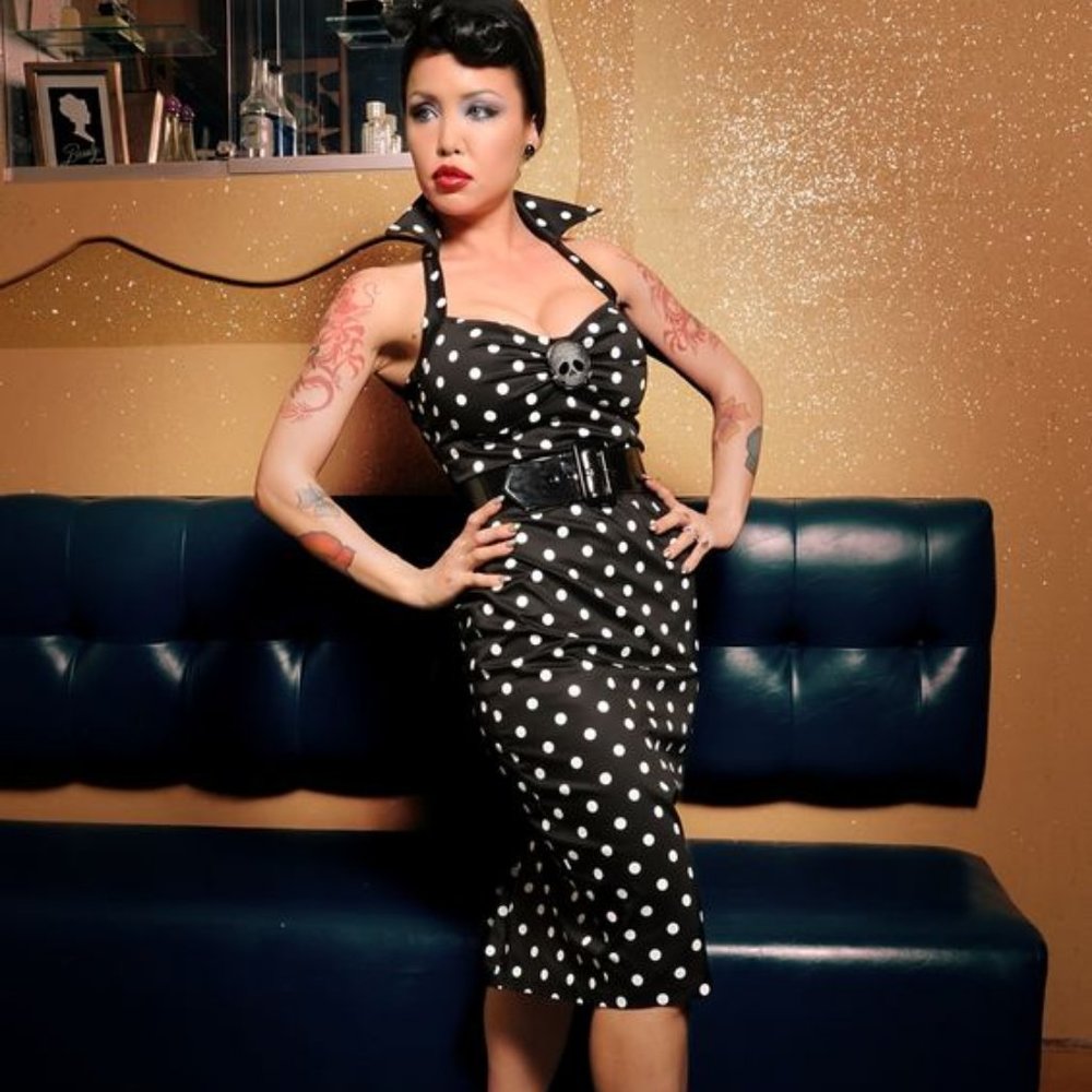 Deadly Dames Wiggle Dress in Black with White Polka Dots